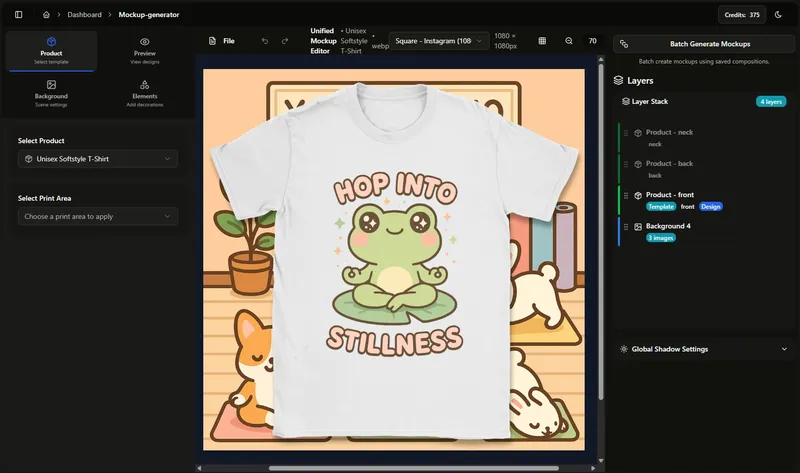 Mockup Maestro mockup editor showing a frog design on a t-shirt and a layer panel
