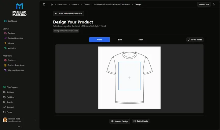 Mockup Maestro product setup with a t-shirt print area and design placement controls