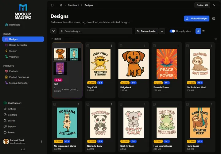 The Mockup Maestro design library showing uploaded artwork
