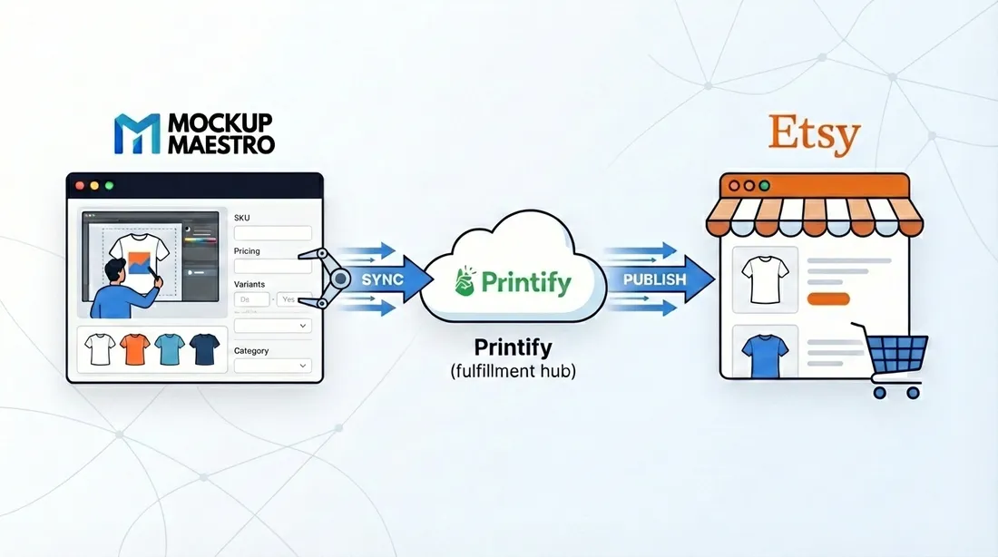 Etsy print on demand workflow diagram: Mockup Maestro syncs products to Printify, then you publish to Etsy.