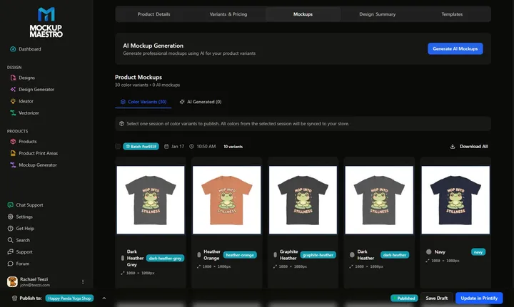 Mockup Maestro product mockups with multiple t-shirt color variants