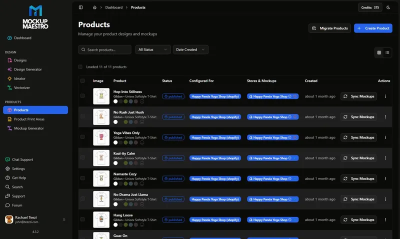Mockup Maestro products dashboard with product thumbnails and publishing status