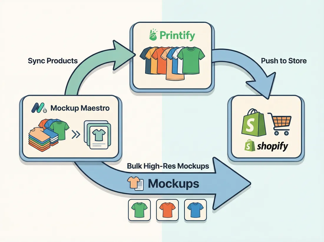 Workflow diagram: Mockup Maestro syncs products to Printify, pushes listings to Shopify, and exports bulk high-resolution mockups.